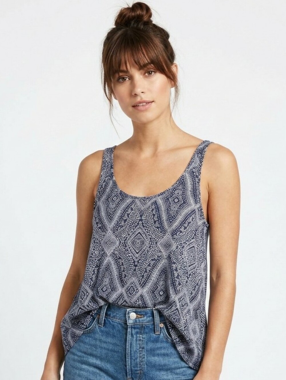 H&M bohemian print tank top blue white SZ S